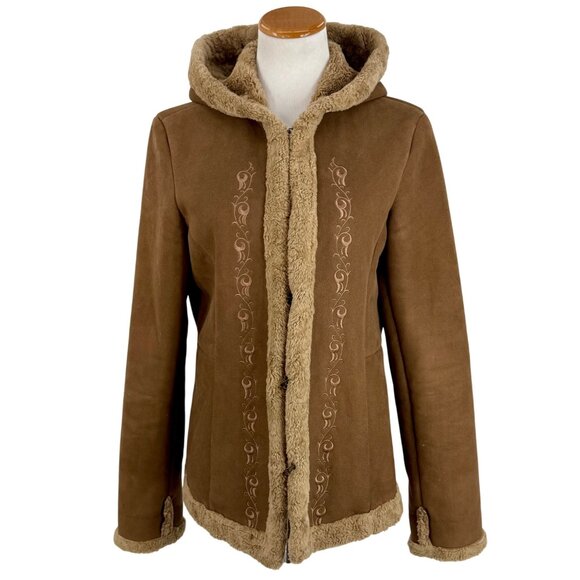 Vtg 90s Esprit Brown Faux Suede Sherpa Lined Embroidered Hooded Jacket | Boho M - Picture 4 of 16